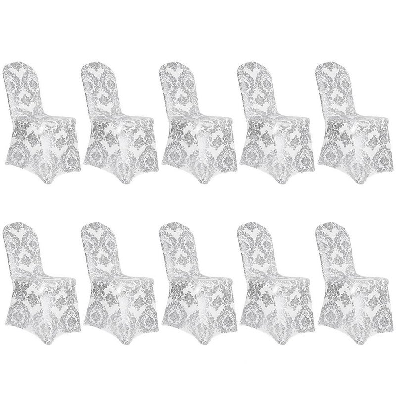 Desirable Life Pack of 10 Dining Chair Covers Bronzing Silver Flower Print Removable Washable Spandex Stretch Decorative Chair Slipcovers Set for Party Wedding Home Decorations - Silver+White - Image 1